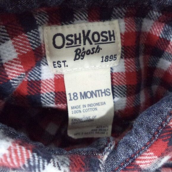 Oshkosh Boys 18m Red White Blue Plaid Check Flannel Button Up Shirt - Picture 3 of 3